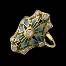 Nouveau 1910 18kt yellow gold diamond, blue and green enamel ring. This ring contains .33ct. total weight in diamonds.
