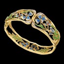 From the Art Nouveau Collection. This beautiful bracelet is made with 18kt yellow gold, blue and green enamel with 32 diamonds. The bracelet has a total diamond weight of .33ct and features two rubies. The style of the piece is art nouveau and you can not get this type of bracelet anywhere else. An incredible work of art made in Europe.