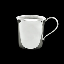 The Dorfman .925 sterling silver baby cup, custom crafted with a flared lip and turned handle design. Substantial weight makes it an engravable heirloom for baby's first years.