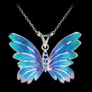 A pretty and vibrant vitreous Enamel on Sterling Silver Butterfly Necklace-Blue. Blue Sapphires. This pendant if art nouveau inspired. Rhodium Plated for easy care. Measures 30mm. Adjustable 18 inch chain.