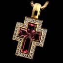 A very beautiful 18kt gold cross by Simon Lindenman. The cross is made of diamonds and pink tourmaline. The piece measures 25mm x 13mm and is suspended from a 18" rolo chain.