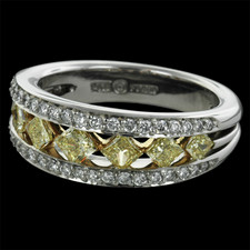 Peter Storm's Platinum Naked Diamonds ladies wedding band set with seven graduated perfectly cut natural fancy yellow princess cut diamonds, set point to point, finished by two sparkling rows of round diamonds.