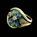 Item 03Q1 - This lovely 18kt yellow gold and blue and green enamel Nouveau 1910 ring shines with 21 diamonds for a total diamond weight of .28ct. Size 6.75