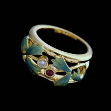 Nouveau Collection 18kt yellow gold blue and green enamel ring with one .06ct diamond and one .06ct ruby.