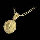 18kt gold and diamond pendant and chain depicting angels on the locket and bail. The diamond weight is .34ct and the chain is 30 inches in length.