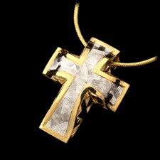 From Bondanza the large Sienna cross made from 22kt yellow gold and platinum with great flowing textures. Suspended from an 18kt gold 16
