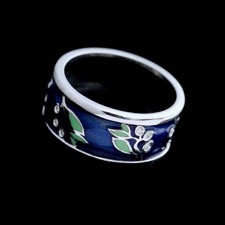 18kt white gold blue and green enamel ring with 18 diamonds .09cts.