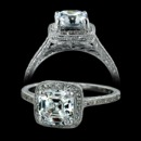 This beautiful Beverley K ladies engagement ring is shown with an Asscher cut center that is surrounded by a halo.The ring is set with 0.26 carats total weight of pave' diamonds on both the halo, sides and on the top of shank .  This design allows for a wedding band to fit flush. Please call for center stone pricing. The ring is also available in platinum. 