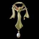 Item 11Q5 - Nouveau 1910 18kt yellow gold with green enamel brooch-pendant with 2 bezel set diamond and pearl drop.