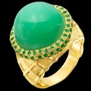 A beautiful, fun, and unique 18kt Yellow Yellow Gold Chrysoprase Ice Cream Cone Gumuchian ring. The center stone is a Chrysoprase that has a weight of 19.74ct  The halo of 93 round Tsavorites has a total carat weight of 1.00ct The gold resembles a Belgium waffle cone.