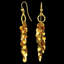 Multi-flake hook earrings by Gurhan. Three 24kt gold flake strands of different lengths create a shimmering visual effect. 2.5 inches in length.