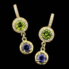 SeidenGang 18kt. green gold drop earrings set with a 10mm peridot and an 8mm iolite.