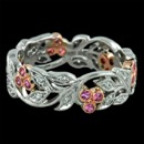 Beautiful crafted floral  Beverley K wedding band in 18kt white gold. The pink sapphires are surrounded by milgrain accent 18kt rose gold with diamonds along the leafs. The Ring has a width is 5.8m