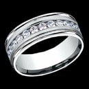 A stylish 14k gold man's diamond wedding band from Benchmark. The total carat weight of the diamonds is 0.96ctw. The diamonds are set in a channel setting with 12 round diamonds that go half way around the band. Each diamond is 0.08 carats. This Benchmark mens ring is 8mm in width, but can be made in a6mm and 7mm width. The price is for a size 10, but can be made in other sizes. Price may vary depending on finger size.