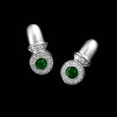 Platinum and 4mm round faceted emerald bezel set Chris Correia earrings with pave diamonds on the bezel and schoulders. Available as a clip or a post.
