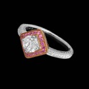 Designed by Beverley K, this stunning 18k white and rose gold engagement ring features  pave' of white and pink sapphire. The ring has engraved surfaces on the band. The edges are milgrained. Center stone not included. Price is for mounting only.