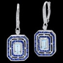 A stunning pair of 18k white gold diamond, sapphire and aquamarine Beverley K earrings. These earrings features an Aquamarine that has a carat weight of 1 carat. Surrounding the Aquamarine, are blue sapphires that have a total carat weight of 1.60 tcw. The diamonds on the earrings have a total carat weight of 0.15. These earring can be made in platinum, as well as rose and yellow gold.