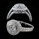 A new platinum Art Deco and filigree design Beverley K engagement ring. The ring is set with .40ct of full cut VS F-G diamonds. This ring features a 1.33ct center stone of I1/I2 clarity and I-J color. The halo measures 10.5mm  Shank is 2.2mm and is engraved below the pave shoulders. A all time classic and just beautiful. Center diamond is included. Can be made in 18, 14, pink,yellow gold