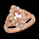 A beautiful diamond halo 18k rose gold Beverley K ring. The center stone is a Morganite that has a weight of 1.10 carats. There are round diamonds around with center with milgrain accents. The total diamond weight is 0.35.  A great rose color that would look great on anyone.
