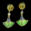 A unique enameled blue and green pair of earrings from the Nouveau Collection. These earrings are made of 18k gold and feature 2 diamonds that have a total carat weight of 0.02tcw. The earrings weigh 6.45 grams. 