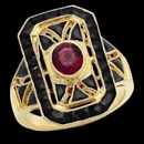 A pretty looking 18k yellow gold pink tourmaline ring from Beverley K. The center stone is a pink tourmaline that has a carat weight of 0.73. the ring features blank onyx stones in a halo setting and on the sides of the ring. This ring is available in 14k gold, 18k gold, and platinum.