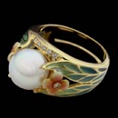 This Nouveau Collection 18kt yellow gold enamel pearl ring comes in several colors.  The pearl is approximately 9mm and has 12 diamonds on the band.
