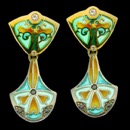 A vivid green and blue enameled pair of art nouveau inspired earrings. There are 5 diamond in each of these earrings. The total carat 0.27tcw. These earrings are made of silver and 18k gold.