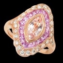 A spectacular diamond, Pink sapphire and morganite Beverley K ring. The ring is 14k rose gold, but can be made in 18k gold and with white gold. The carat weight of the center morganite is 1.08 carats. Surrounding the morganite are pink sapphires that have a total carat weight of 1.20 carats. The diamonds that are around the sapphires have a total carat weight of 0.55 carats. Matching rose gold with morganite is a great look for this Beverley K ring.
