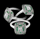 Beverley K's square cushion ring has .7ct gem Emeralds placed on the corners, and surrounding the center .4ct diamond gem. This bold ring has a nice art deco feel with the interchanging round and square diamonds. Available in 14k white and silver gold and platinum 