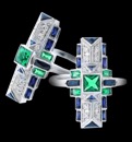 With .16ct diamonds, and 1.34ct combined Emerald and Sapphire gems this Beverley K fashion ring will surely stand out. The geometrical  combination of sapphire and emerald triangles and squares gives this a true art deco look. Available in 18k white and yellow gold, and platinum. Featured in this picture with 18k white gold. A variety of stones are also available.