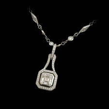 A beautiful and classic handmade platinum diamond necklace by Beaudry.  The piece is set with a center .84ct asscher cut diamond and 1.62ct of round diamond. 16 inches.  Call for price and availability.
