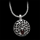 This beautiful Bastian garnet pendant contains a 1.50ct. oval shaped cabochon garnet and is 22mm in diameter.  The pendant has a brushed finish and is suspended on a 17.70 inch wheat chain with a lobster claw clasp.