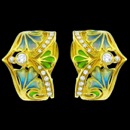 A beautiful pair of 18k gold diamond earrings with an art nouveau inspired design. These earrings feature an enamel floral design with with 25 diamonds in total. The center diamond has a carat weight of .20cw, and the smaller diamonds have a carat weight of 0.36cw. These earrings measure 15.20mm by 20mm and weigh 11.90 grams, in total.