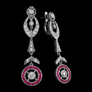 Iconic earrings displaying .62 carats of diamonds set in hand-milgrained 18k white gold.  Rose cut diamonds are haloed by 1.41 carats of fiery red rubies.