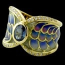 An exquisite 18kt yellow gold and multi-color enamel ring from Nouveau Collection with one gorgeous center sapphire 7X5mm and 32 diamonds weighing .26ctw.