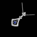 Gorgeous Beverley K 18K white gold diamond drop pendant with a round bezel blue sapphire dangle. The bezel set sapphire weighs .16ct. and the total diamond weight is .16ct.
