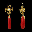 One pair of 20kt yellow gold earrings from Cathy Carmendy with diamond and exquisite coral drops.