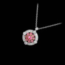 From Beverley K, this is a gorgeous 18k white and rose gold diamond and sapphire pendant. This pendant contains .17ct. total weight in diamonds and .29ct. total weight in pink sapphires.