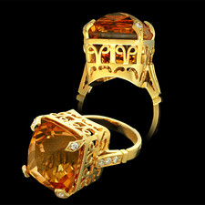 This one of a kind creation by Cathy Carmendy is handmade in 20kt yellow gold, and contains .10ctw of round pave diamond, featuring one fancy cut yellow Citrine weighing 20.83ct.