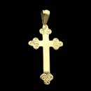 Simple and classic Scroll-engraved 18kt yellow gold cross by Charles Green.  This is also available in 9kt gold.  28mm x 20 mm. Forged!