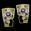 A multicolored stained glass design earrings from the Nouveau Collection. These earrings are made from 18k gold and feature a blue sapphire and 3 diamonds on each earring. The blue sapphire has a carat weight of 0.91cw(1.82tcw for both), and has a carat weight of 0.11cw for the diamonds(0.22tcw for both earrings). The earrings measure 21mm by 14mm and weigh 13 grams.