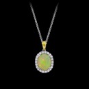 Beautiful new opal and diamond pendant by Spark Creations. The pendant features a center opal weighing 1.75 carats surrounded by 0.30 carats of round brilliant cut diamonds. This pendant is in 18 karat white gold with a contrasting yellow gold bail. The pendant has a nice 18 karat white gold sturdy cable link chain. This is a great piece to be worn as a stand alone or layered with a strand of pearls for example.