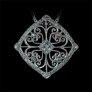 From Beverley K, this beautiful 18k white gold pendant has a princess cut diamond center stone that is surrounded by an intricate hand engraved filigree design and a pave diamond border.  The pendant has .27ctw of G-H VS diamonds.  