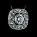 This is a very pretty 18k diamond pendant from Beverley K.  The round center diamond is bezel set and surrounded by a pave diamond cushion border.  There is a total diamond weight of .60 ct. The center diamond is not included in the price.