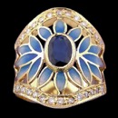A art nouveau inspired blue enameled blue sapphire ring. The ring is made from 18k gold and features 26 diamonds along the edge of the ring. In the center of the ring is a blue sapphire that weighs 0.90 carats. The total carat weight of the diamonds are 0.32tcw. This ring measures 21mm x 19mm and weighs 6 grams. 
