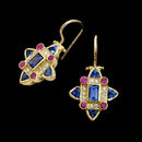 Jane Taylor Earring 43L2: These artistic and unique 18k yellow gold Jane Taylor earrings feature a mosaic of blue sapphires, sapphire trillions and diamonds. Jane Taylor Earring 43L2 jewelry
