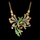Nouveau Collection's beautiful multicolored enamel 18kt yellow gold necklace set with 5 white diamonds totaling 0.07ct and 4 pink saphires. This piece is 29mm x 27mm.