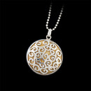 This unusual Bastian sterling silver pendant contains a golden Jasper center with filigree design overlay.  The pendant measures 1 3/8 inches in diameter and is suspended on a sterling silver bead chain measuring 20 inches in length.