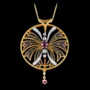 Nouveau Collection's stunning 18kt yellow gold multicolored enamel necklace is set with 30 diamonds, with a total carat weight of 0.53ctw, 4 pink saphires, and one tourmaline. The measurements for this piece are 53mm x 40mm. Absolutely beautiful!