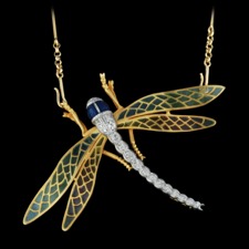 This gorgeous multicolored enamel 18kt yellow gold dragonfly necklace is set with 0.27ctw diamonds. The measurements for this piece are 43mm x 72mm. This Nouveau Collection piece is simply amazing!!